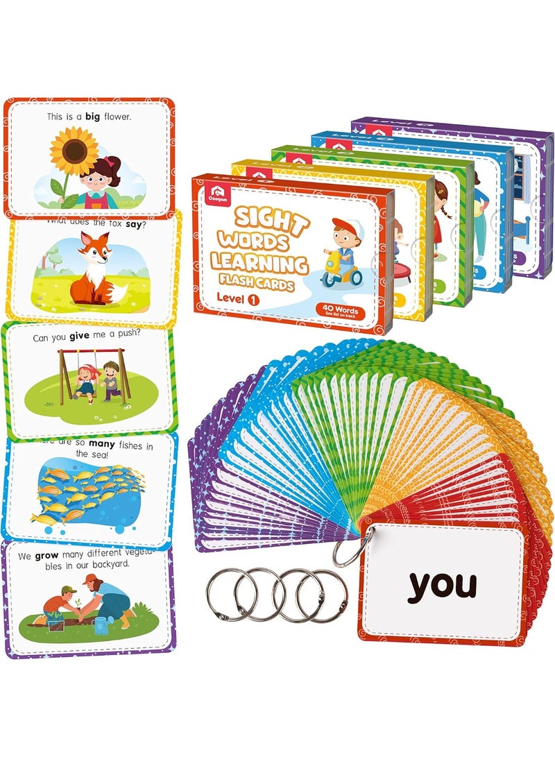 Coogam Sight Words Educational Flashcards - 220 Dolch Sightwords Game with Pictures & Sentences,Literacy Learning Reading Cards Toy for Kindergarten,Home School Kids 3 4 5 Years Old
